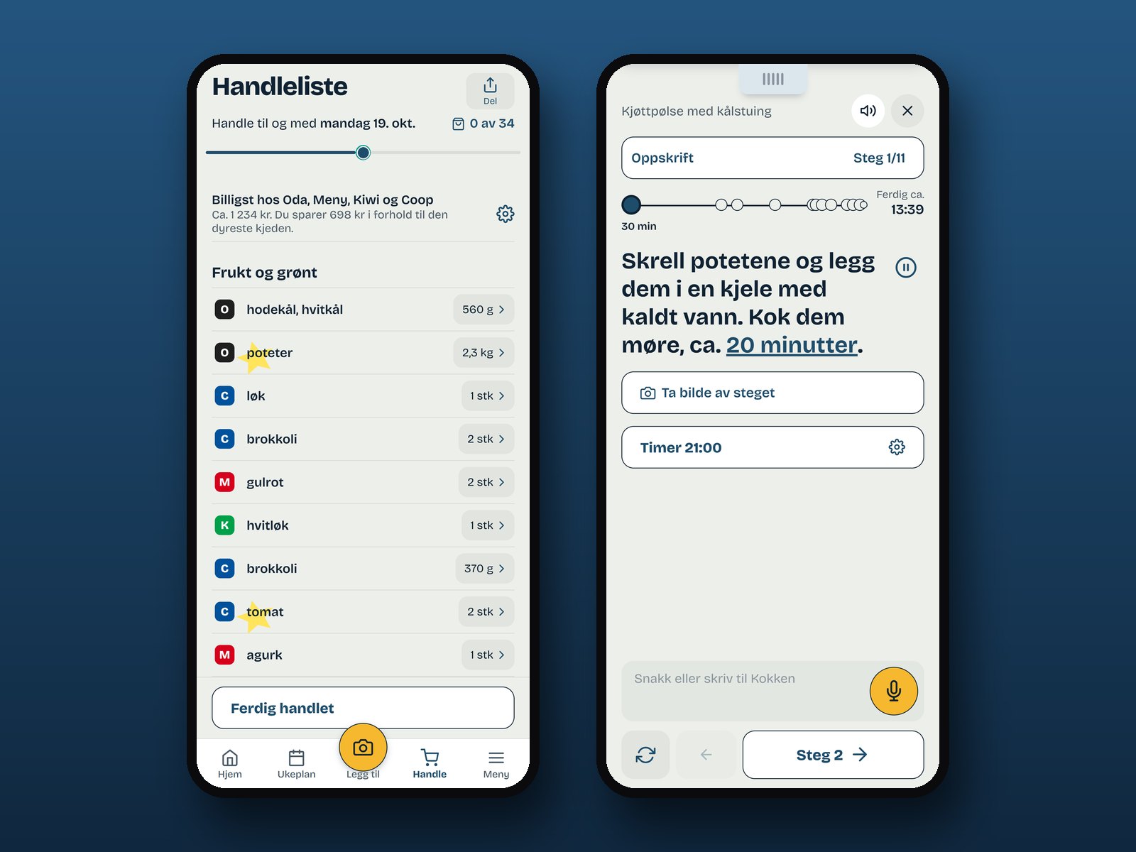 Middagsjakten på mobil: handleliste og Kokken