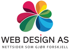 Logo Logo med en fargerik blomst av overlapping farger, med teksten "WEB DESIGN AS" under, og slagordet "NETTSIDER SOM GJØR FORSKJELL" sintetisert.