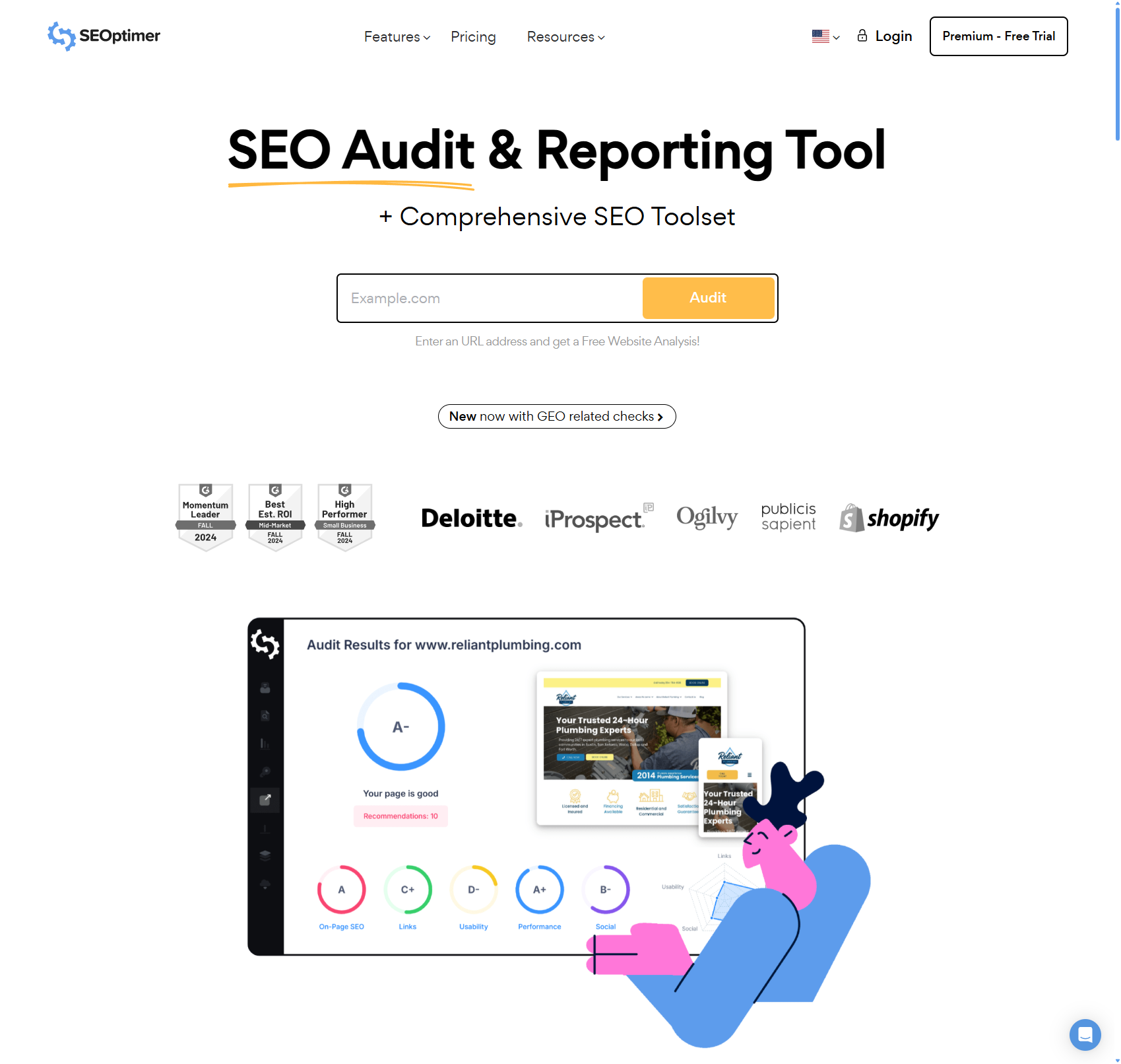 Verktøy for SEO-revisjon med søkefelt og åtte logoer. Grafikk viser en rapport med diagrammer og en person som analyserer resultater.