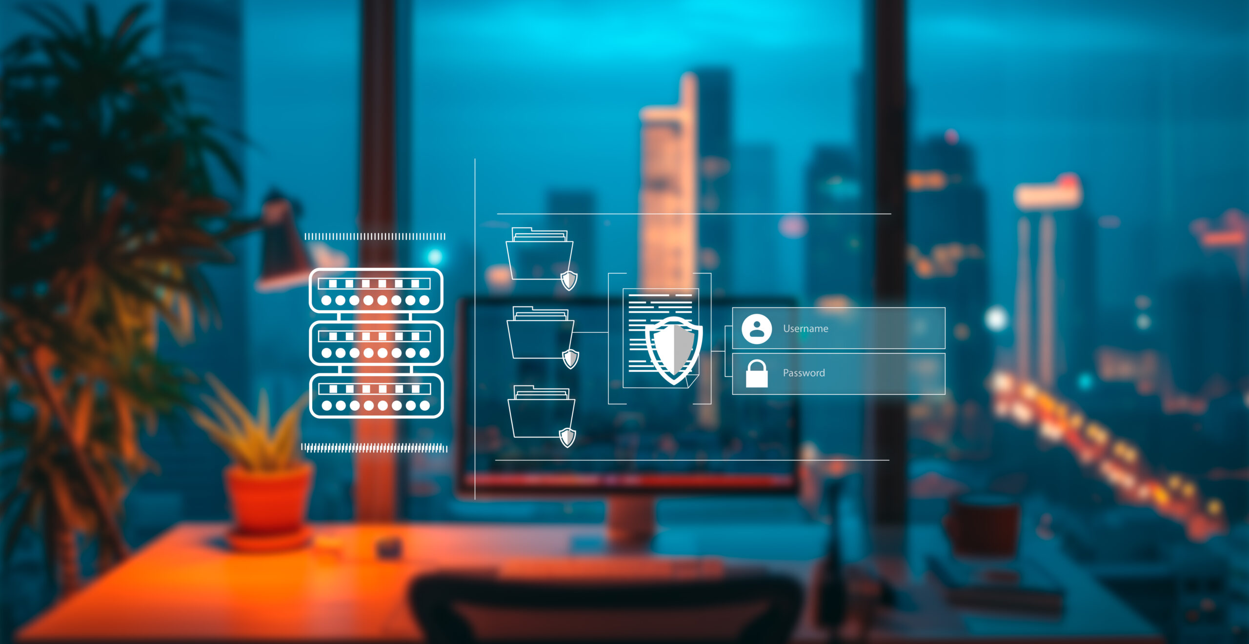 Moderne arbeidsplass med dataskjerm, holografiske sikkerhetsikoner og byutsikt i bakgrunnen, dominert av blåtoner.