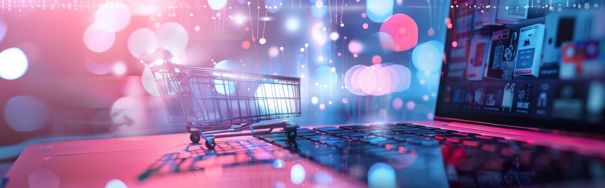 En miniatyrhandlevogn sitter på tastaturet til en bærbar datamaskin med fargerike, uskarpe lys i bakgrunnen, som symboliserer netthandel og digital detaljhandel.