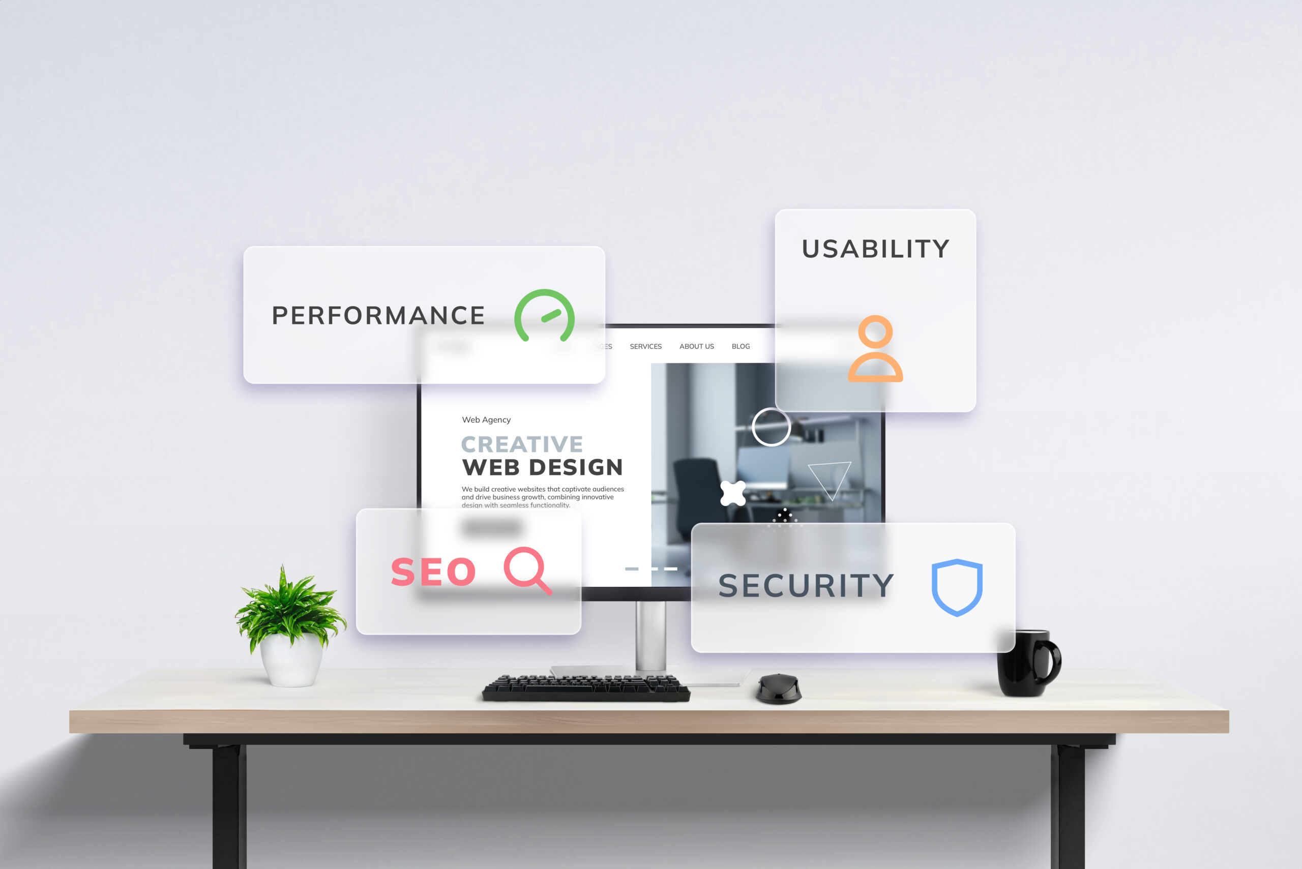 En datamaskin på et minimalistisk skrivebord viser en webdesignside, omgitt av flytende etiketter: PERFORMANCE, USABILITY, SEO og SECURITY. På skrivebordet står også et anlegg, et tastatur og en mus.