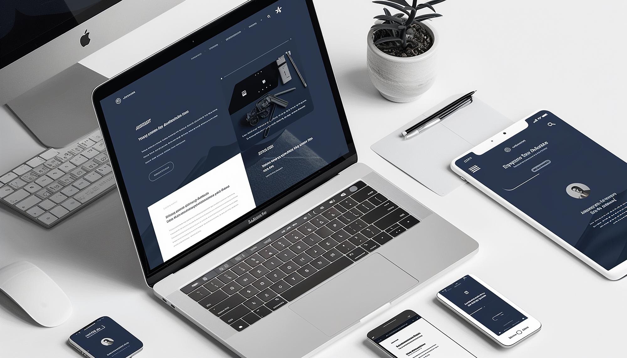 Moderne arbeidsstasjon med en laptop, mobil og nettbrett. Mørk blå fargepalett, ren layout, og en grønn plante i potte.