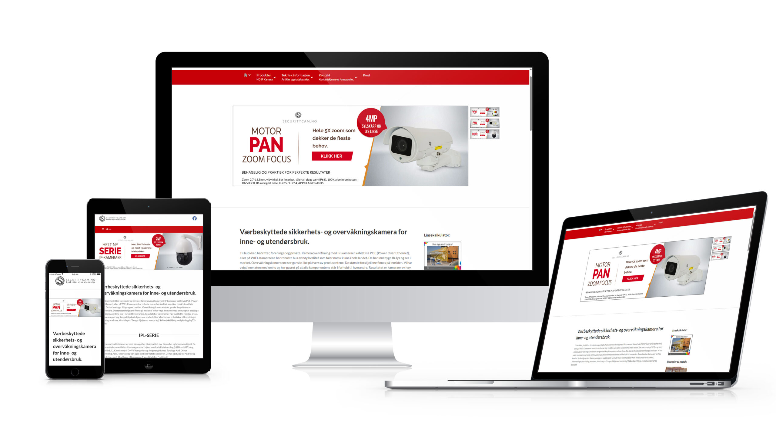 Nettsted i responsivt design vist på PC, nettbrett og mobil, med fokus på overvåkningskameraer og produktinformasjon.